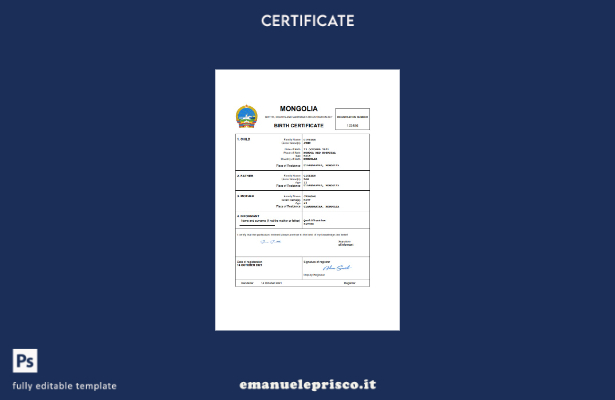 certificato di nascita della Mongolia in stile verificato modello Word e PDF